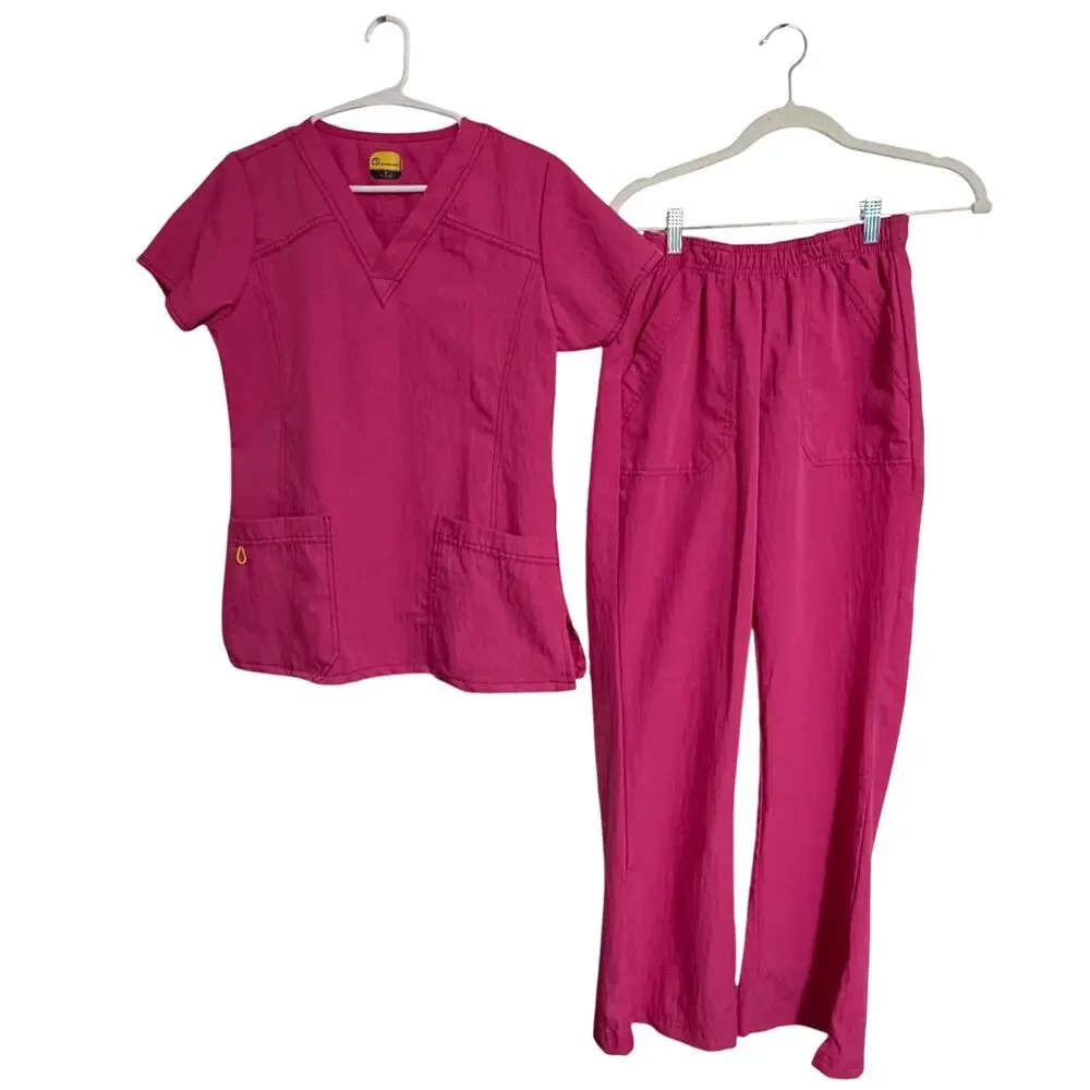 Women’s Wonder Wink pink matching scrub set sz S nurse attire medical colorful